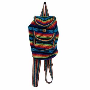 New Artisanal Woven Boho Mini Backpack Rainbow Drawstring Bag Festival Hippie